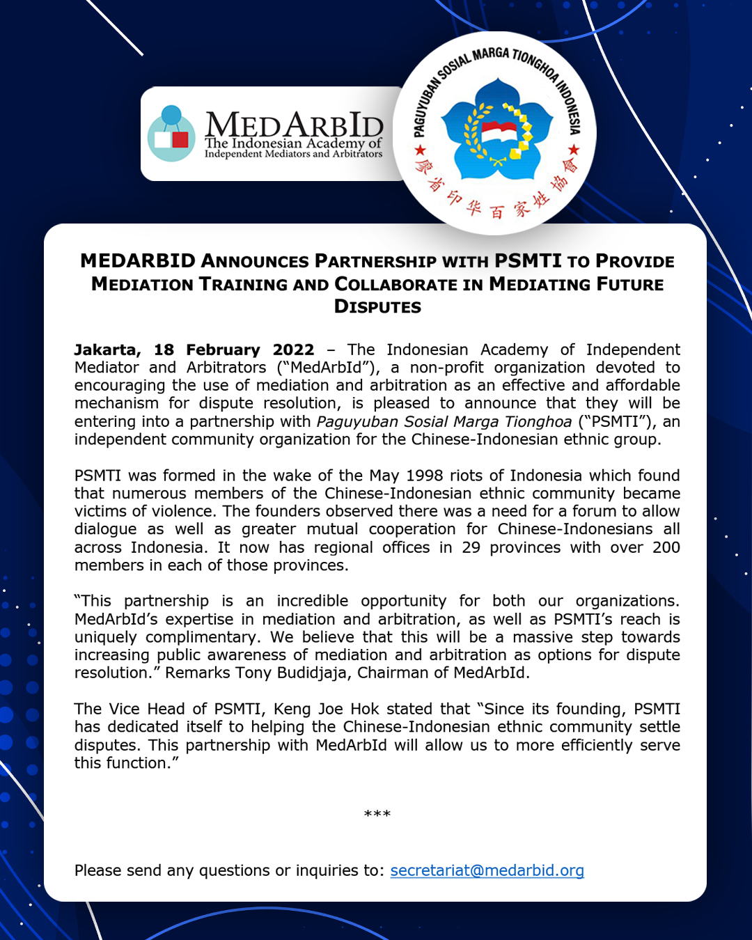 <p>MedArbId Announces Partnership with PSMTI to Provide Mediation Training and Collaborate in Mediating Future Disputes</p>
