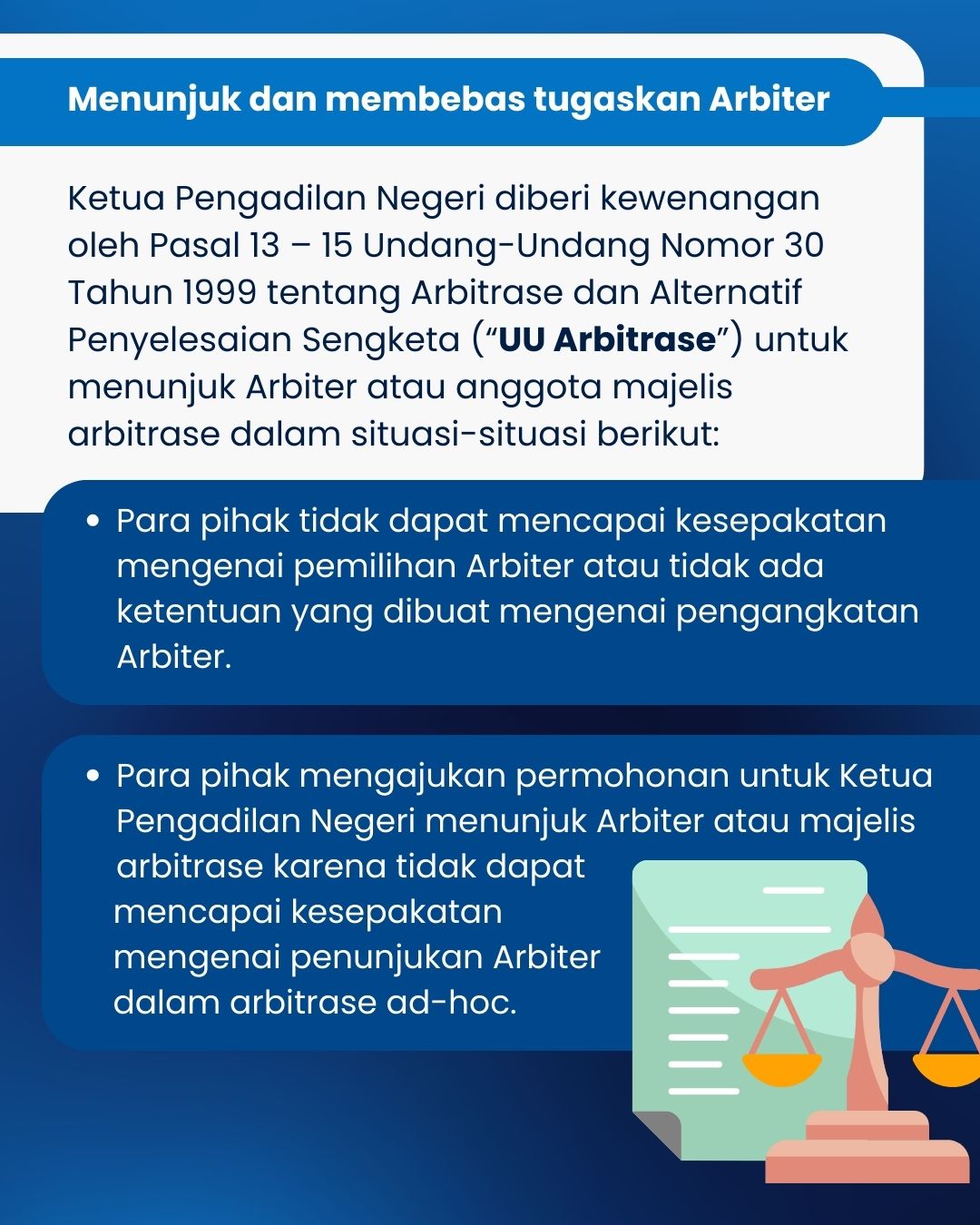 <p>Tiga Peran Lembaga Peradilan dalam Undang-Undang Nomor 30 Tahun 1999</p>
